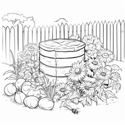 a vegetable garden with bees a compost pile with food waste outside the garden and flowers
