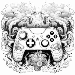 a detailed game controller surrounded by swirling smoke and techinspired designs