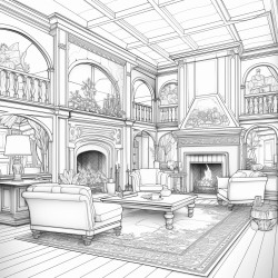 a large room with three couches and a fireplace