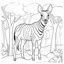 an okapi standing quietly among dense forest trees its zebralike legs clearly visible among the leaves