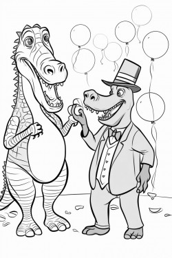 a dancing alligator holding balloons beside a dancing zebra at a tea party in a simple coloring book style
