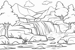 a clear outline of a waterfall with a few simple trees and rocks drawn with bold lines for easy coloring by young children