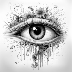 an eye with a cool design surrounding it and splatter marks tattoo