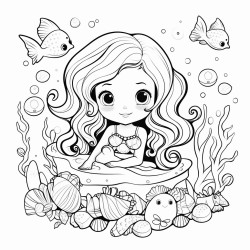 bolt and simpel black and wite coloring page of cute mermaid sarounded by sea creachers and seashells clipart style