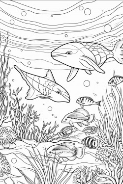 a vibrant underwater scene with various sea creatures like fish turtles a whale and coral reefs