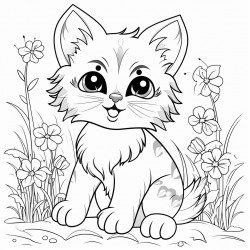 a playful kitten with big round eyes fluffy fur and tiny paws sitting in a field of flowers