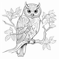 coloring page owl perched on a tree branch with leaves around no shading high details thick lines