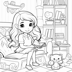 cute girl sitting in her room and playing with her doll and doll house