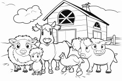 a farm with a cow a horse  a goat a sheep a dog a cat a duck a chicken a pig and a rabbit