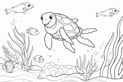 1 sea turtle 1 octopus 1 shark  5 small fish over a coral reef