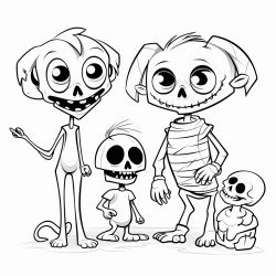 a skeleton frankiestein mummy little spider and little dog cartoon make them young and elementary age