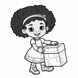 african american little girl with cornrows  wearing a dress with fringes at the bottom that is lifting a box s