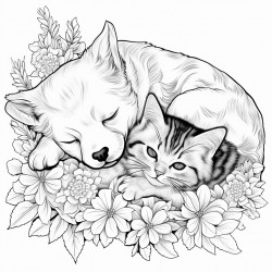 a kitten and a puppy taking a nap together