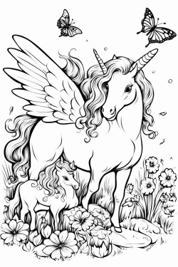 winged unicorns are playing with butterflies in the forest