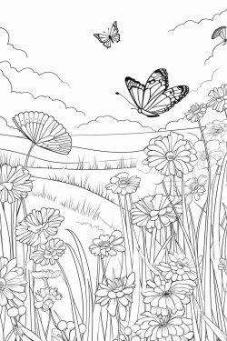 a beautiful meadow filled with wildflowers tall grass and butterflies flying around under a clear blue sky