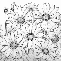 create a blackandwhite coloring page with a cluster of daisies in a garden use bold outlines for large defined petals stems and leaves vary their height and angle showing some fully open and others partially blooming keep the background simple with minimal details like grass ensuring larg