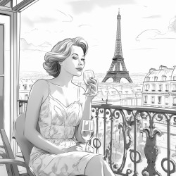 portraiture of a woman on a balcony with an eiffel tower in the background as she drinks wine