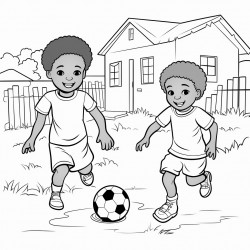 professional sketch drawing of african boy and a girl chlid playing football in a village for a coloring page