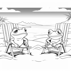 kawai cartoon frogs at beach scene