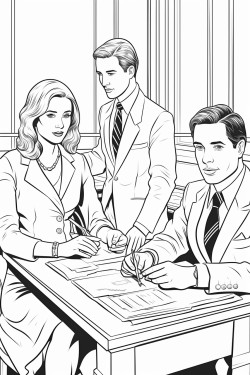 one man and two women in business suits sitting at a table