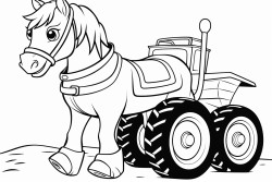 un cheval qui conduit un tracteur