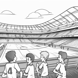 a soccer game in a stadium with four players disputing a match