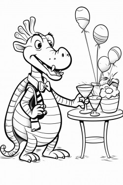 a dancing alligator holding balloons with a dancing zebra at a tea party in a simple coloring book style coloring page