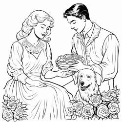 young man with retriever gives roses to young lady