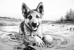 german shepherd puppy playing in the water with a ball