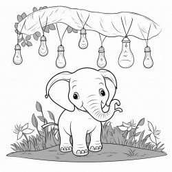 elephant with lighbulbs hanging in the forest