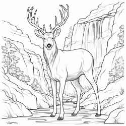 a deer in front of a waterfall