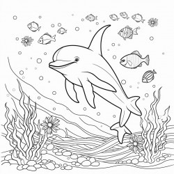 a playful scene with a dolphin jumping over waves surrounded by smiling starfish and colorful seashells