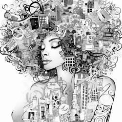 african american woman in the city surrounded by chaotic words