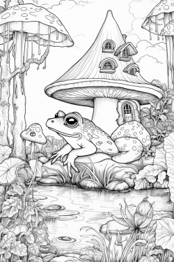 a frog sitting on a mushroom at the edge of a garden pond