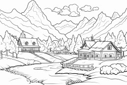 a landscape view of houses pump forest flower animals mountain sky