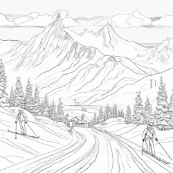 mountains wth snow sunset and people skiing