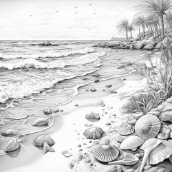 ocean calm  a beach scene with gentle waves and seashells on the shore