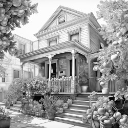 greyscale house made out of fruit