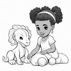 a little black girl with two puff ball pony tails playing with a dinosaur