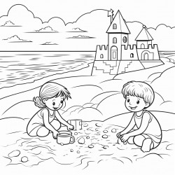 a beach where kids are playing in the sand making sand castles swimming in the ocean and surfing