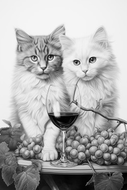 white cat with blue eyes and grey cat with yellow eyes they drink together wine white is older than grey