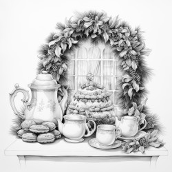 a coloring book page of a vintage holiday tea party with elegantly set table featuring teapot cup and seasonal treats table is decorated with a long wreath and a christmas tree near the table there should be a white background with open space between the lines leaving room for hand coloring