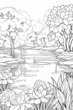 variety of flowers and blooming trees around a pond