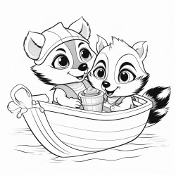 papa racoon helping baby racoon with his boat toy