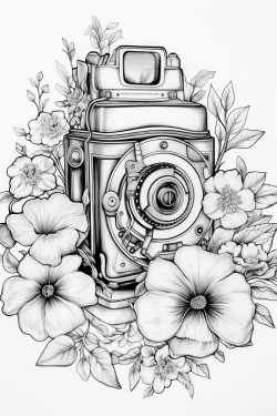 old school steam punk camera with flowers around it