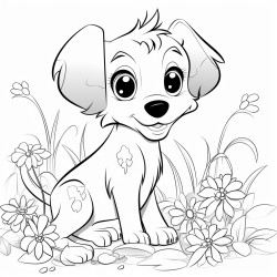bolt and simpel black and wite coloring page of cute puppy sarounded by flowers