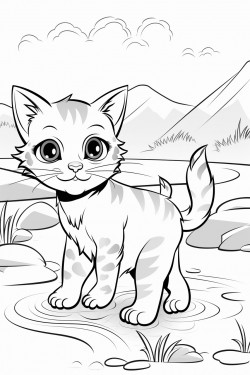 cute little cat walking in a froest with river at the side