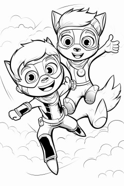 super power kid flying in the sky looking at me and smiling with his friend next to him as a flying masked otter