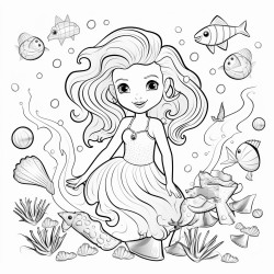 bolt and simpel black and wite coloring page of cute mermaid sarounded by sea creachers and seashells clipart style