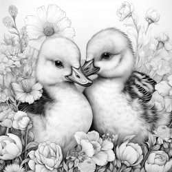 a cottagecore scene with ducklings with flowers on their head and strawberries